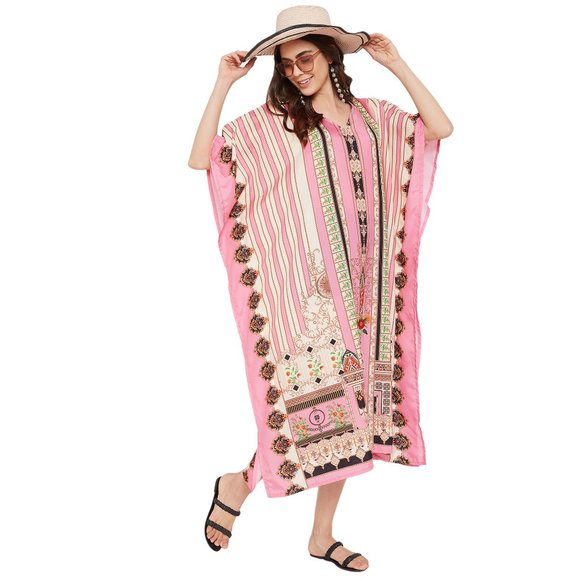 Floral Printed Pink Polyester Plus Size Kimono Kaftan Maxi Dress for Women - Picture 7 of 10